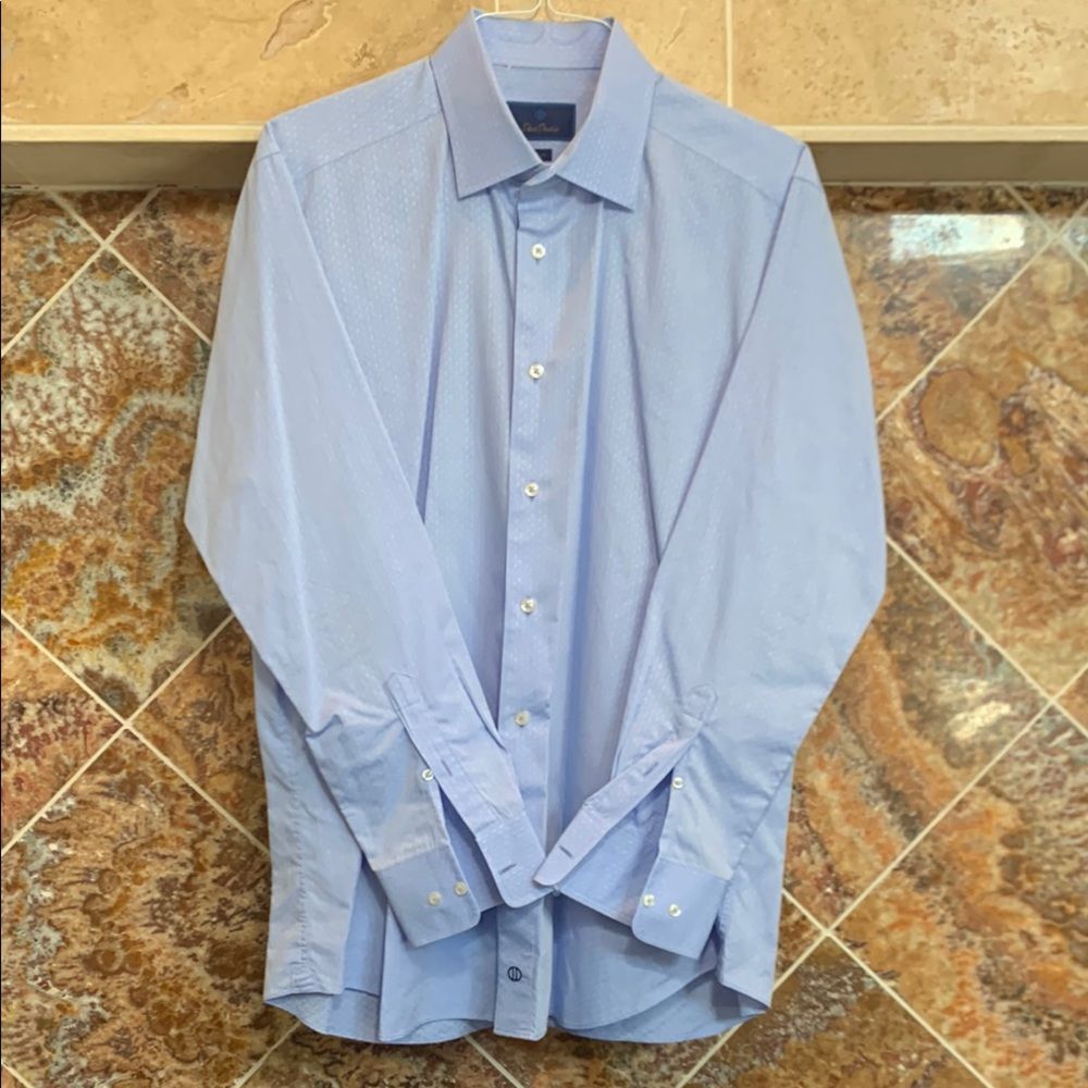 Men's David Donahue Blue & Small White Floral Texture Trim Fit Button Down  17"